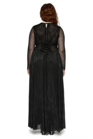 Gothic mesh dress rear view showing lace-up corset back with black ribbon ties and floor-length spiderweb pattern