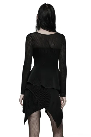 Black gothic mesh dress back view showing sheer mesh back panel and layered asymmetric hem