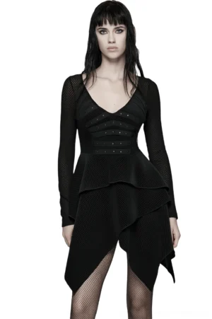 Gothic black velvet mesh dress front view with V-neck and rivet waist detail on model
