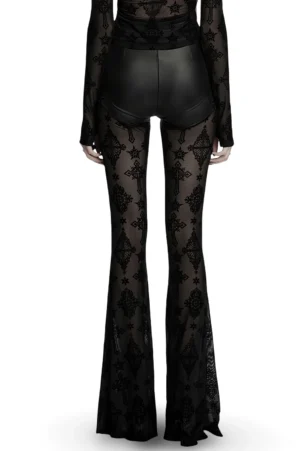 Black gothic mesh flare pants back view showing faux leather back panel and cross-printed sheer mesh legs