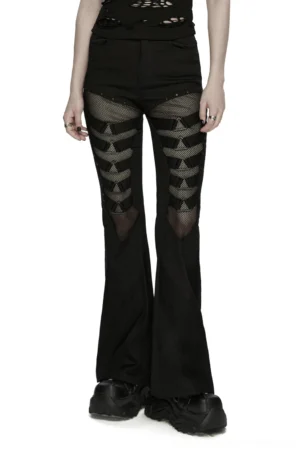 Black mesh flare gothic pants with triangle buckle straps front view on model