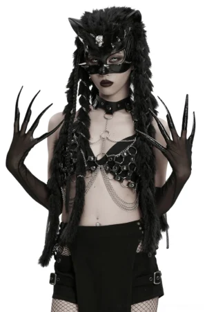 Full front view of gothic demon gloves on model with wolf-themed aesthetic, sheer black mesh with chain body jewelry styling