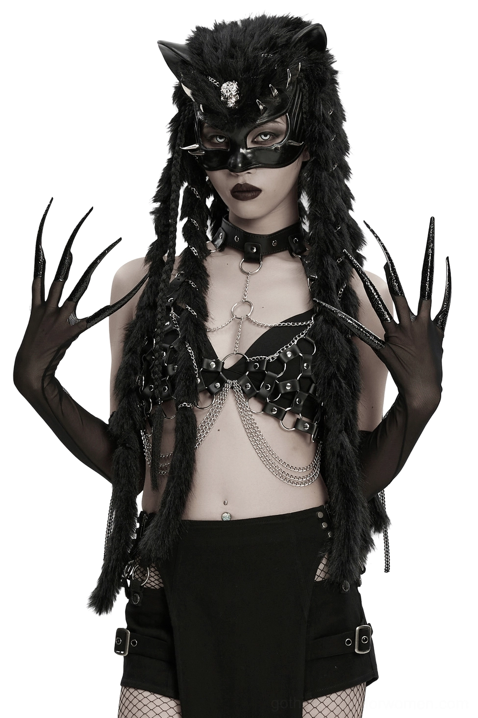 Full front view of gothic demon gloves on model with wolf-themed aesthetic, sheer black mesh with chain body jewelry styling