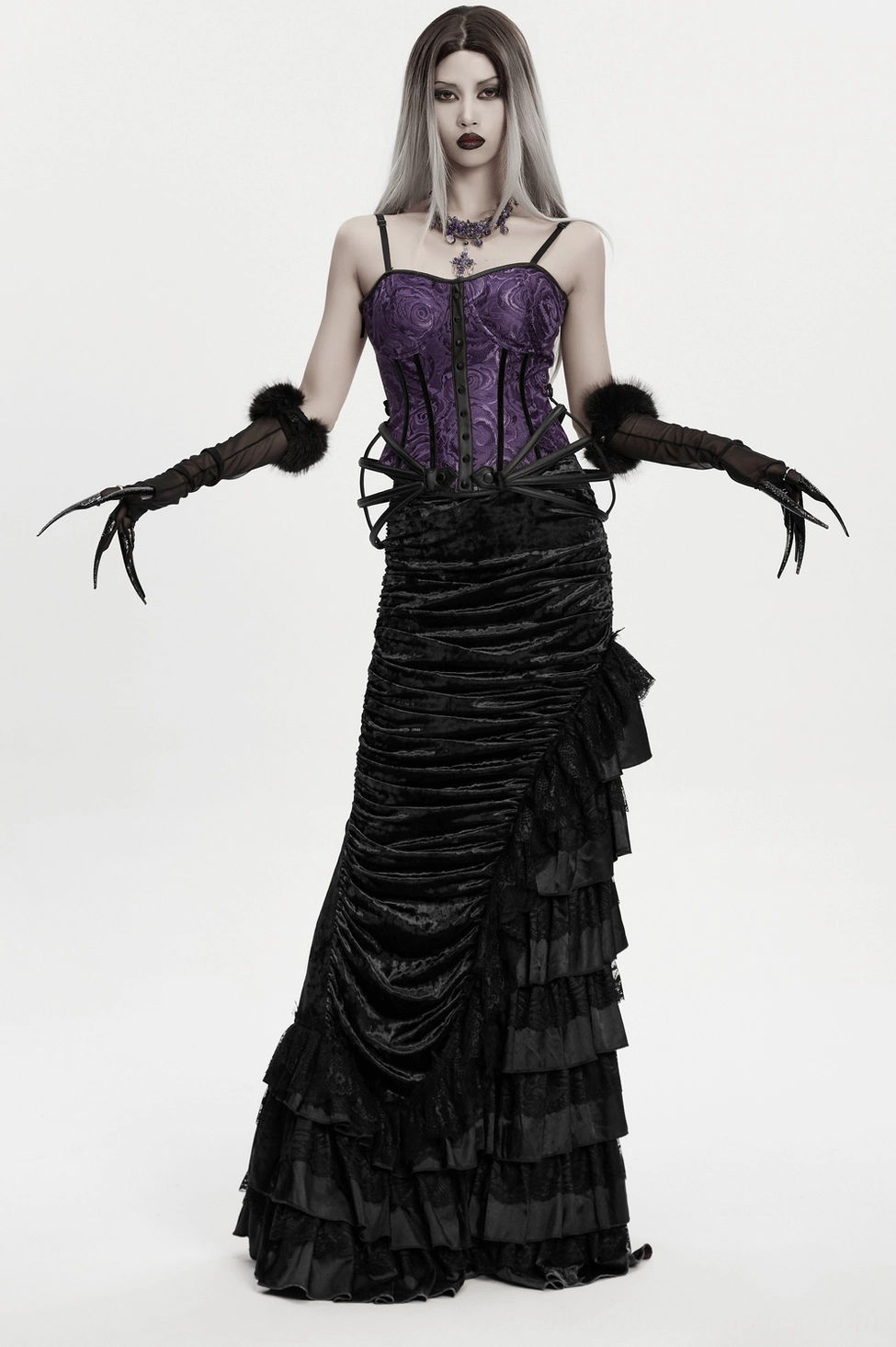 Gothic mesh gloves with demon claws styling guide, showing versatile wear options and outfit coordination