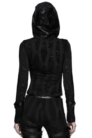 Gothic black mesh hoodie with distressed panels back view on model