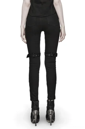 Black asymmetrical gothic mesh jeans with studded details back view on model