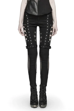 Black asymmetrical gothic mesh jeans with studded knee buckles front view on model