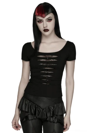 Gothic mesh lace cutout short-sleeve t-shirt front view on model with gothic makeup styling