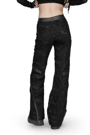 Black gothic straight pants rear view displaying leather waistband and mesh textile detailing