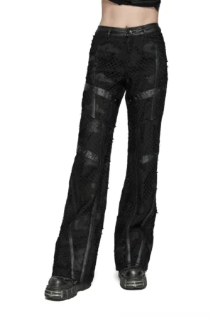 Black mesh leather gothic pants front view showing perforated fishnet fabric and rubberized leather side trim