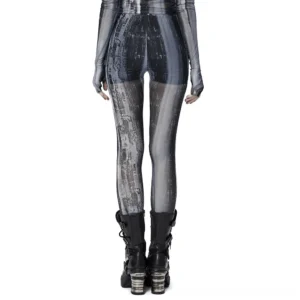 Black distressed mesh gothic leggings rear full-body view worn by female model with combat boots