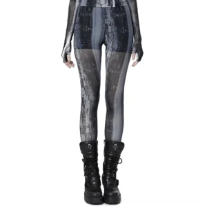 Black distressed mesh gothic leggings front full-body view worn by female model in studio