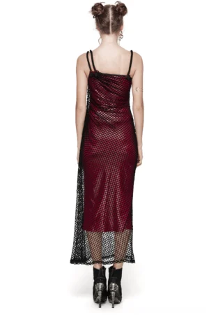 Black fishnet mesh overlay gothic dress back view, asymmetric open back design with lace-up detail