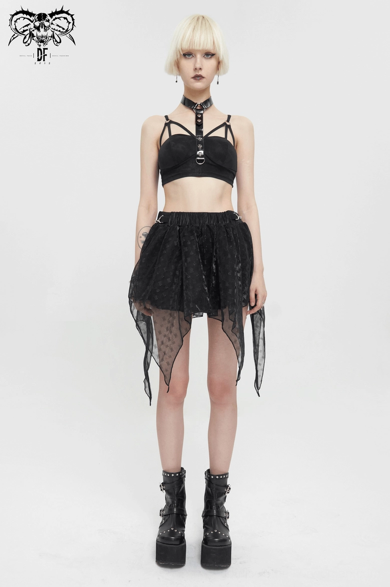 Back view of black asymmetric mesh gothic skirt on model showing layered handkerchief hem and elastic waist construction
