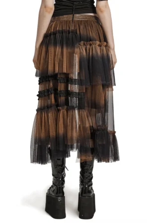 Tiered black mesh half skirt with belt, back view on model, showing multi-layered ruffle construction and cascading tulle design with brown-black ombre effect