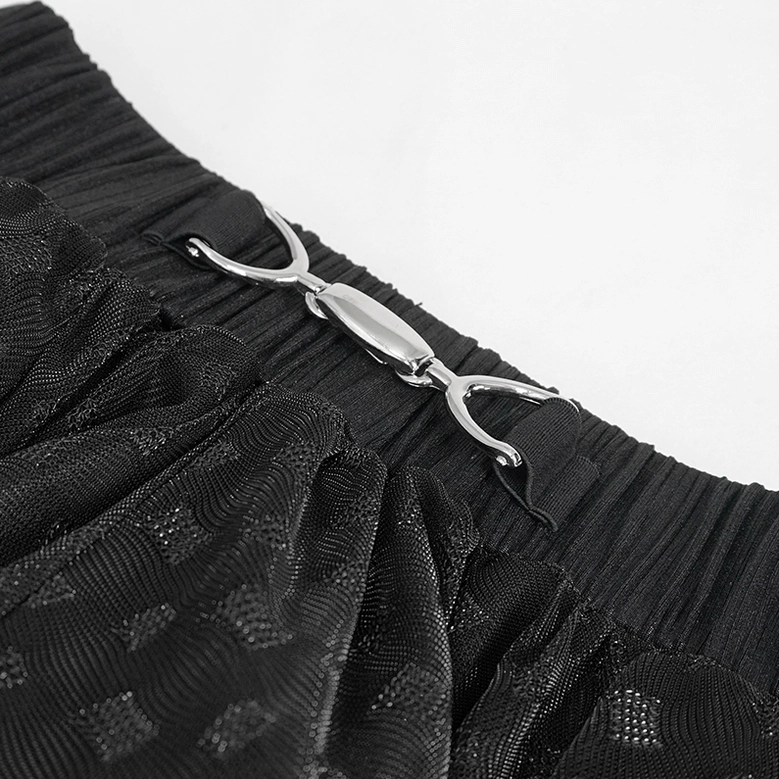 Flat lay product shot of black irregular mesh gothic skirt with visible elastic waistband and multi-point asymmetric hem