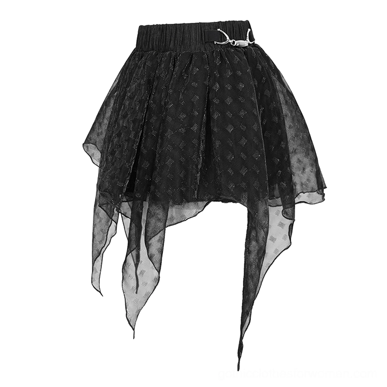 Side profile flat view of irregular black mesh gothic skirt showing elastic waist and layered handkerchief hem construction