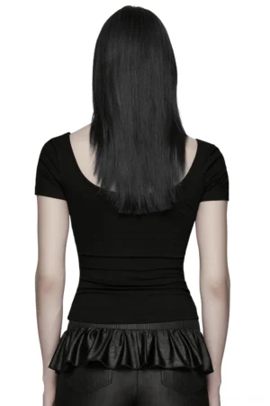 Black gothic cutout t-shirt back view with open back design and lace details on model