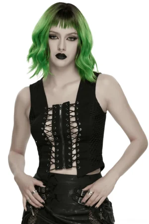 Black gothic lace-up mesh vest with metal eyelets, front three-quarter view on model with green hair, dual lace-up rows and mesh side panels visible