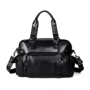 Black leather gothic travel briefcase with structured silhouette and silver hardware accents - direct front view