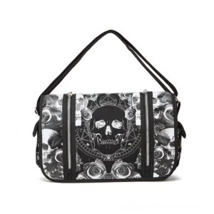 Gothic canvas handbag front display featuring central skull and rose pentacle print with adjustable shoulder strap