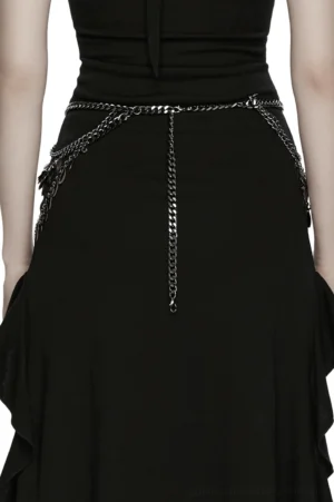 Layered metal waist harness back view showing cascading tail chain and multi-layer construction on female model
