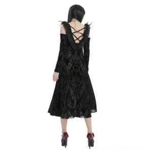 Gothic off-shoulder dress back view featuring crisscross lace-up corset back design and feather shoulder details