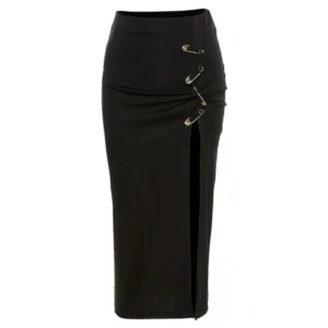 Black gothic midi skirt displayed on mannequin showing high waist and dramatic side slit with metal safety pin embellishments
