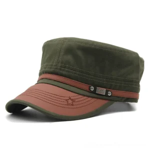 Army green gothic military flat-top cap with leather strap and metal badge detail, front view