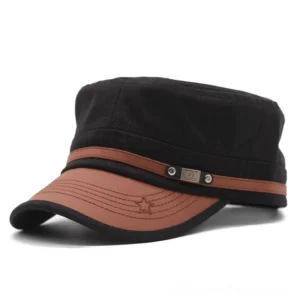 Black gothic military flat-top cap with leather strap and star embroidery, front view