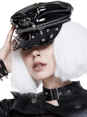 Spiked brim detail with skull bow ornament on gothic punk military captain hat - side front angle