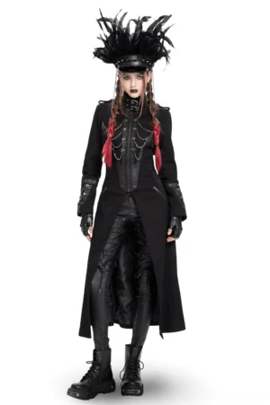 Black gothic military long coat with chain details and high collar, front view on female model with feather headpiece