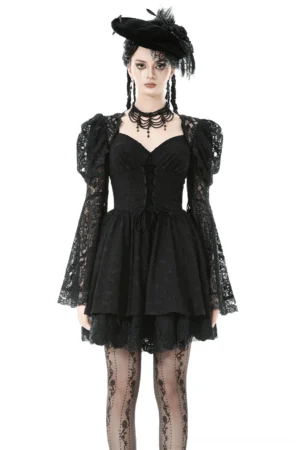 Black lace-up gothic mini dress with bell sleeves - front view on model showing sweetheart neckline and corset lacing