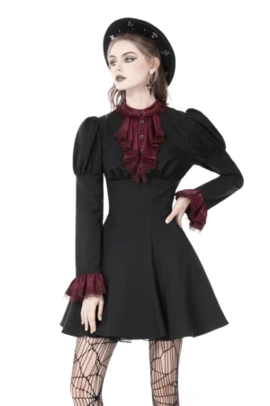 Black gothic mini dress with burgundy lace-up back, front three-quarter view showing puff sleeves and lace collar detail