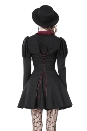 Gothic black dress with burgundy lace-up back closure, rear full-body view paired with fishnet stockings