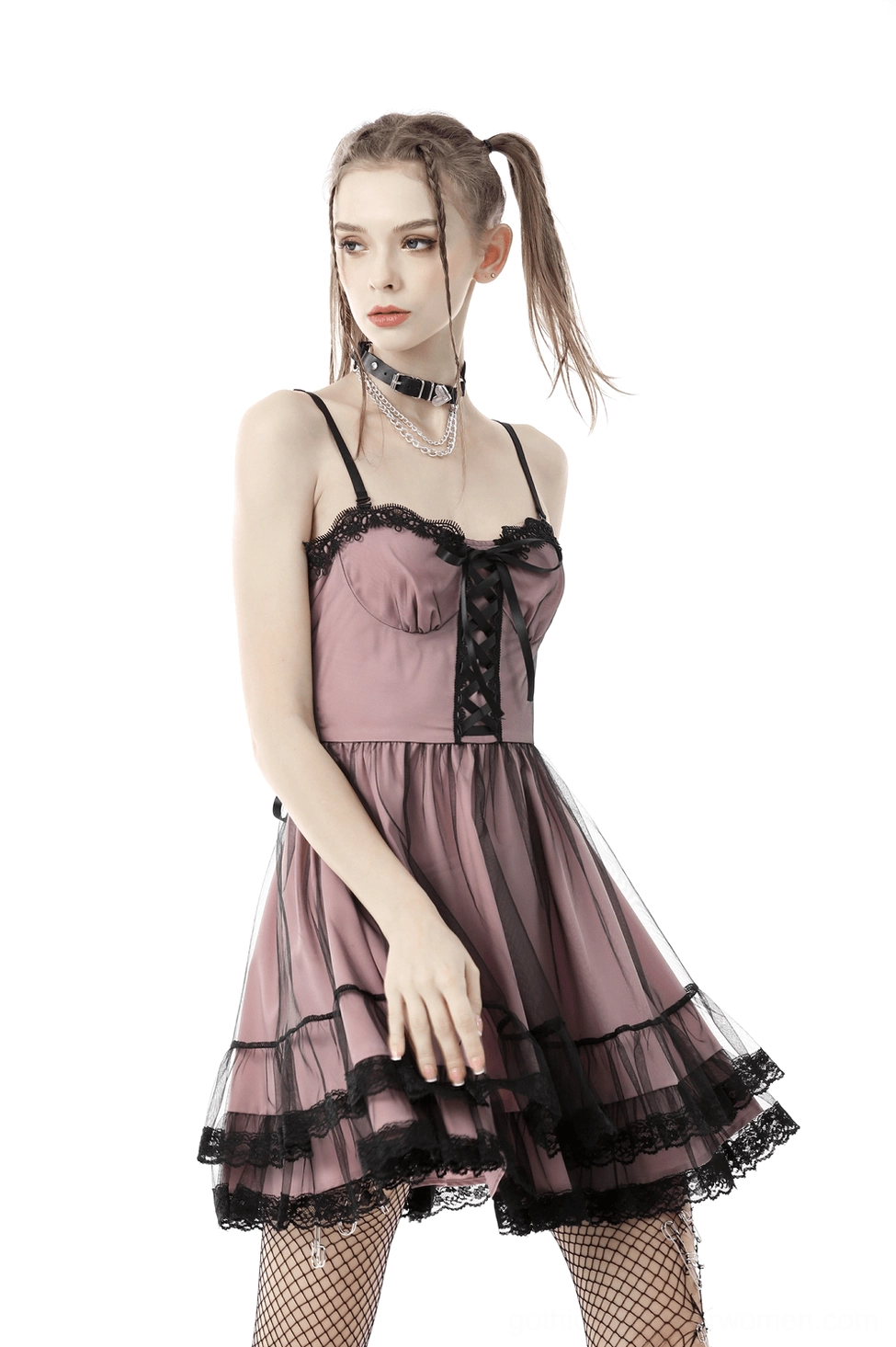 Black lace corset mini dress full silhouette showing tulle skirt and adjustable lace-up design
