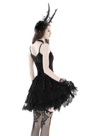 Gothic lace-up mini dress side and back view showing tiered ruffled lace skirt and spaghetti straps
