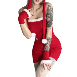 Sexy gothic Christmas bodycon dress with fuzzy accents, three-quarter front view on tattooed model showing sleeveless silhouette