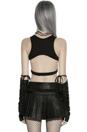 Black gothic mini skirt back view with metal D-rings and mesh panels