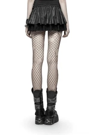Black gothic mini skirt rear view showing double ruffled layers and platform combat boots styling