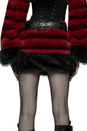 Black faux fur gothic mini skirt back view with studded waistband, zipper closure, and layered hem detail