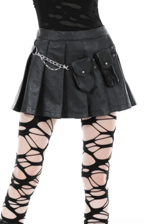 Black pleated gothic mini skirt with chain trim and cargo pockets front three-quarter view on model