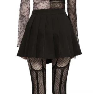 Black pleated gothic mini skirt back view on model, structured pleats and buckle strap details