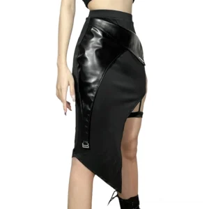 Grunge patchwork mini skirt with patent leather panel and buckle detail, side rear view showcasing irregular cut and thigh strap