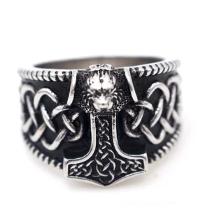 Norse Mjolnir Celtic knot gothic ring stainless steel front view with beast head ornament