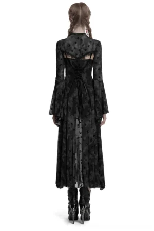 Gothic two-piece mesh dress back view showing lace-up ribbon closure and floor-length crescent print mesh skirt