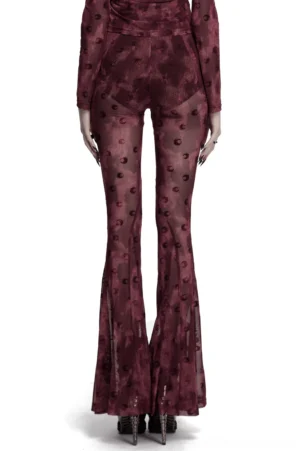 Wine red gothic mesh flare trousers with crescent embroidery back view showing ruched waist