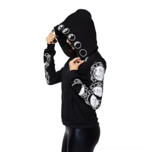 Black gothic hoodie with moon phase prints, side profile showing slim-fit silhouette and detailed moon graphics