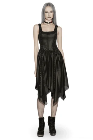 Black gothic moon zip crescent handkerchief hem midi dress front full-body view on model with silver grey hair