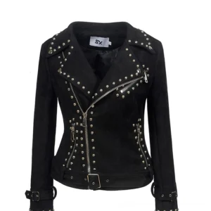 Women's black studded gothic moto biker jacket front view, flat lay product photography with silver rivet and zipper details